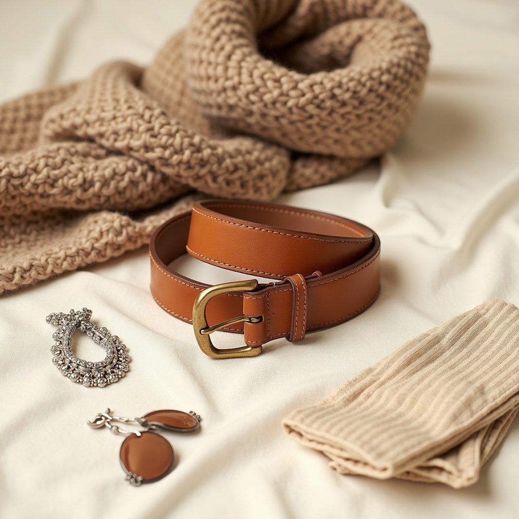 Accessoires en cuir et maille disposés sur fond crème