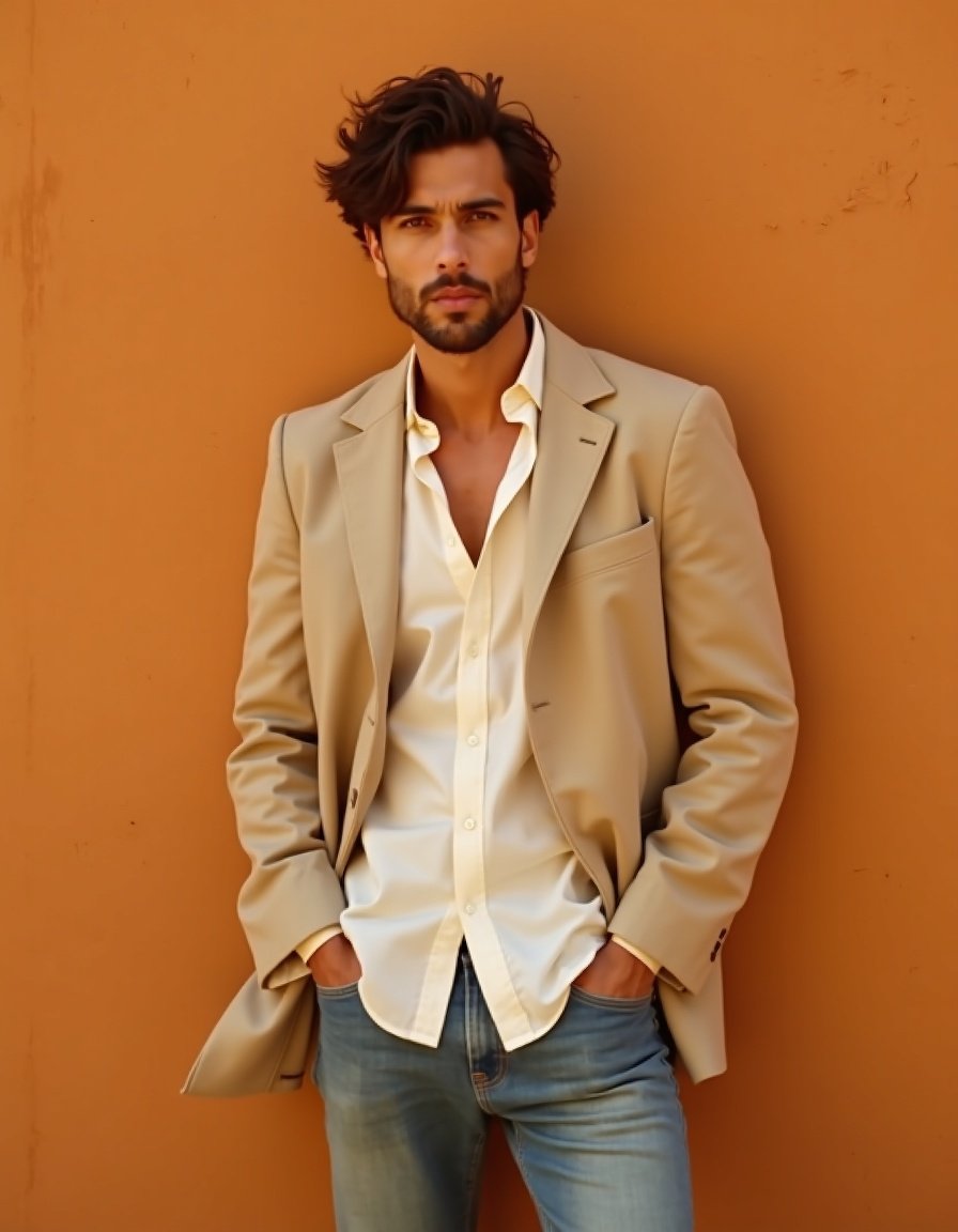 Silhouette homme en veste de lin et chemise claire